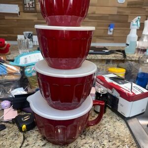 Set of 4 Red Nesting Glass Mixing Bowls with Lids